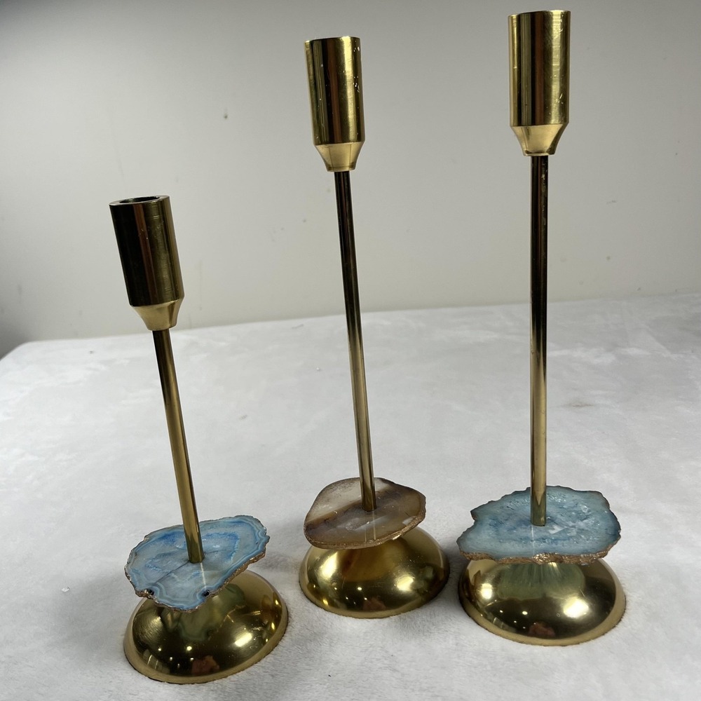Set 3 Brass Taper Candle Holders Agate Slice Stone Bases Blue Gold Decor Modern